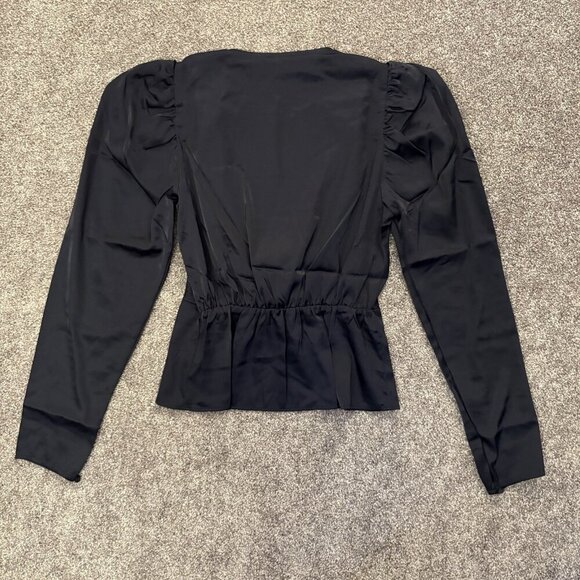 Express Women's Satin Top Size XS Navy Puff Shoulder Draped Faux Wrap NWT $58 - Picture 9 of 16